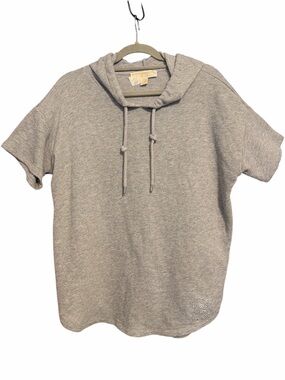 MICHAEL KORS short sleeve gray hooded top bedazzled rhinestone MK emblem